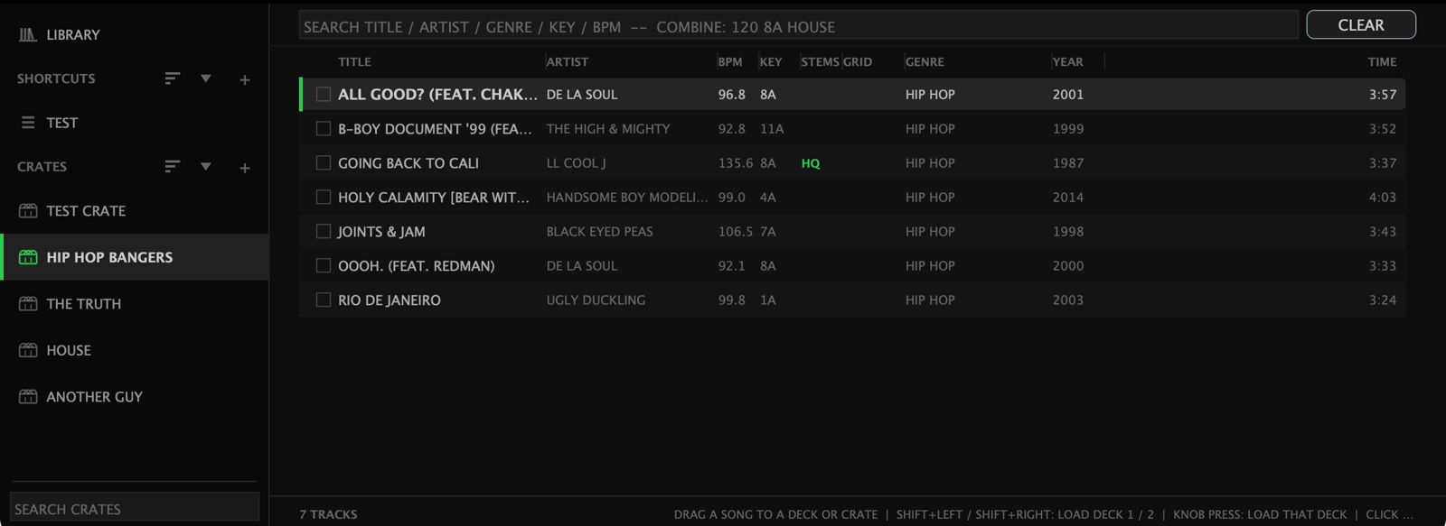 A crate open in the docked browser: the sidebar lists Library, Shortcuts and Crates with HIP HOP BANGERS selected, and the track table shows the title, artist, BPM, key, stems, grid, genre, year and time columns, with one track marked HQ in the stems column and a checkbox at the left of every row