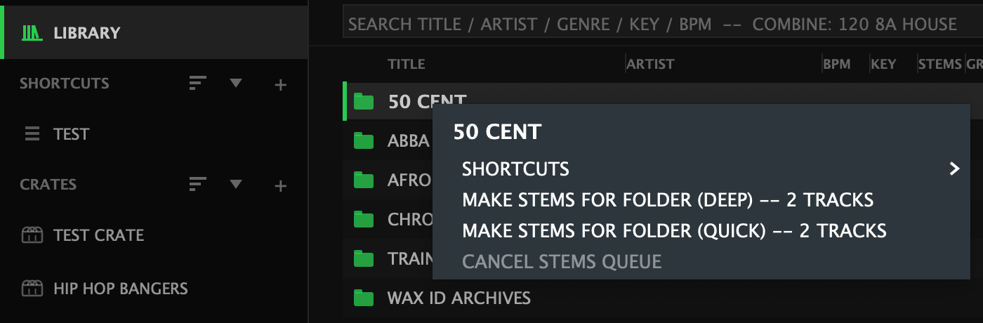 A library folder's right-click menu, headed with the folder's name: SHORTCUTS, MAKE STEMS FOR FOLDER (DEEP) and (QUICK) counting its tracks, and CANCEL STEMS QUEUE