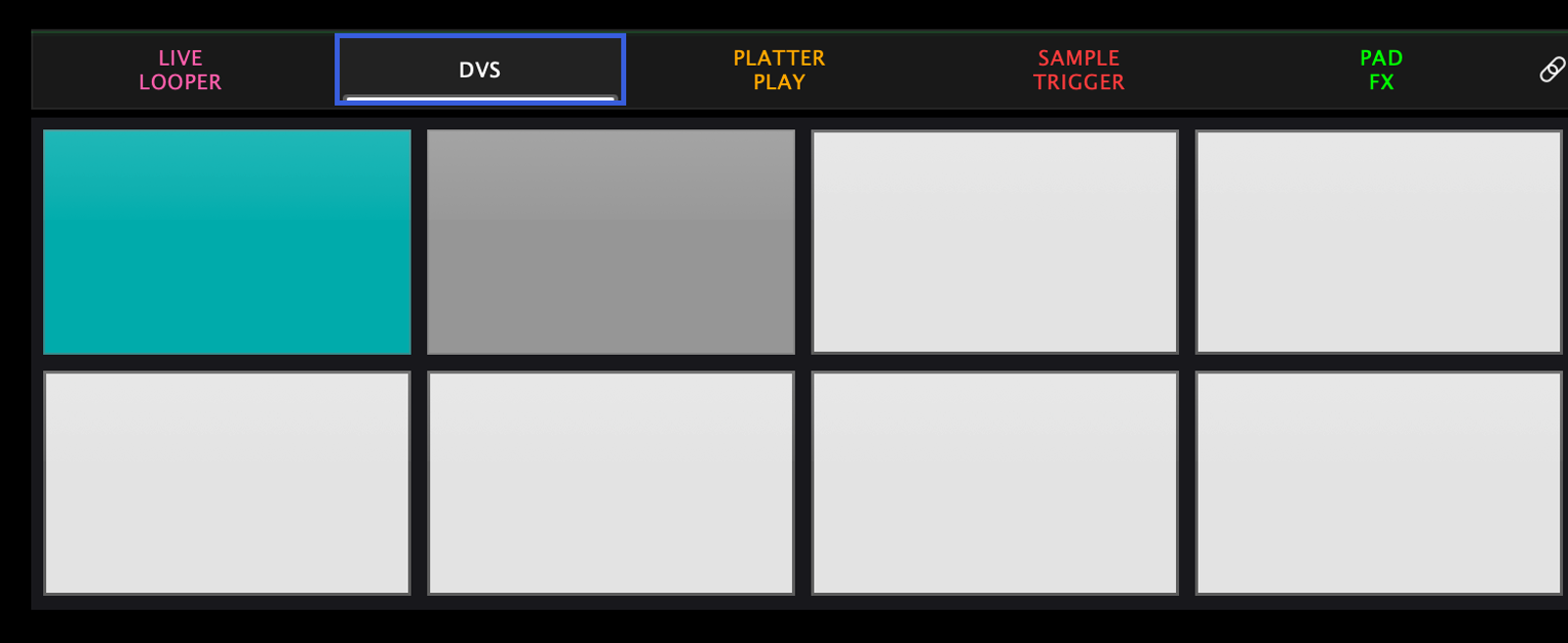 A DVS bank 1 pad grid with one pad active: tapping any pad makes it the deck's sound instantly