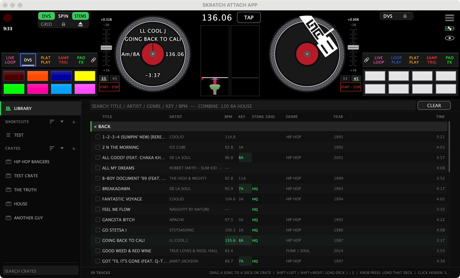The DVS view with a track loaded on deck 1: a slim band across the top holding the two-row deck bar, the mini pads, platters, waveform lanes and the BPM and TAP readout, with the browser docked below it filling the rest of the window -- crates down the left, a search strip, and the library table with the tracks that mix with the loaded one highlighted in green