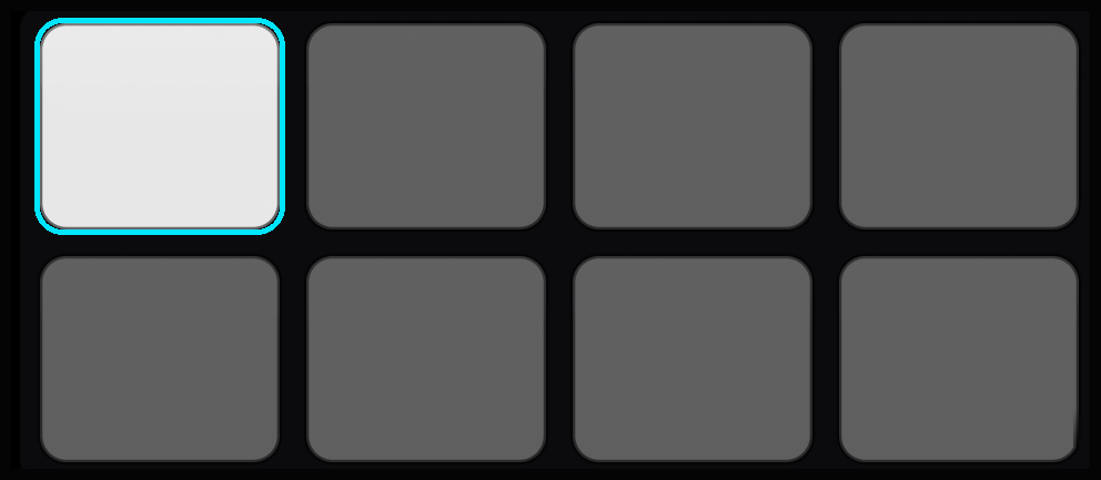 The on-screen pad grid with pad 1 highlighted: the top-left pad is the master