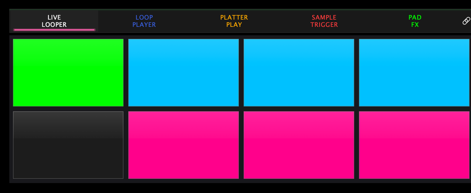 Live Looper in X10 mode: the top row of pads is aqua (recording from the deck's vinyl) and the bottom row magenta (recording from the sampler). The top-left pad is green because its loop is playing, and the pad below it is dark because that loop is muted