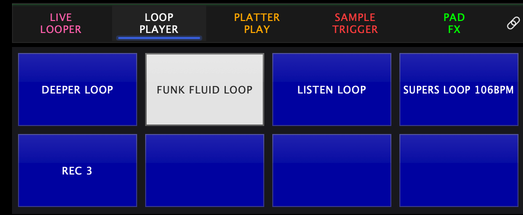 The Loop Player pad grid on deck 1: five pads loaded in the bank's blue, and FUNK FLUID LOOP on pad 2 turned white because it is playing