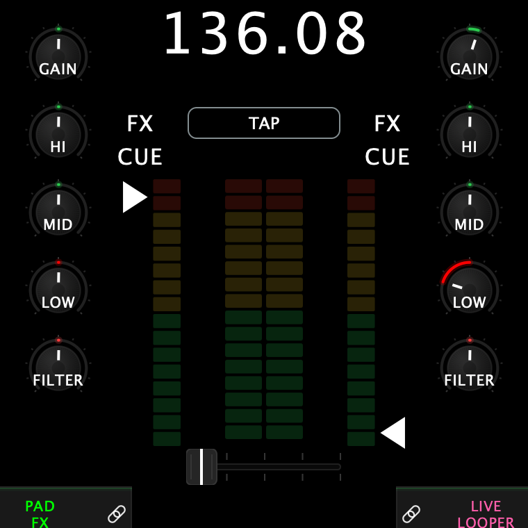 The centre column with deck 1 playing: the BPM readout and TAP at the top, the gain, EQ and filter knobs either side, deck 1's channel fader lit as a level meter with the master VU between the two faders, and the crossfader at the bottom