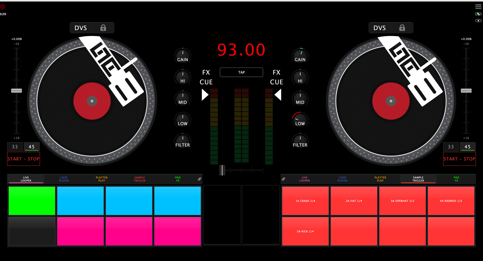 The Full view: two platters with their pitch faders, the mixer column down the middle, the two waveform lanes between the pad grids, and a pad mode bar above each deck's pads