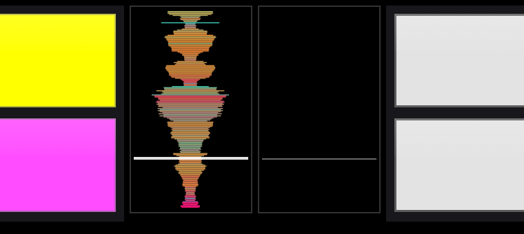 Deck 1's waveform lane with a file playing: the audio scrolls up past the fixed playhead line, with the pads on either side; deck 2's lane is empty