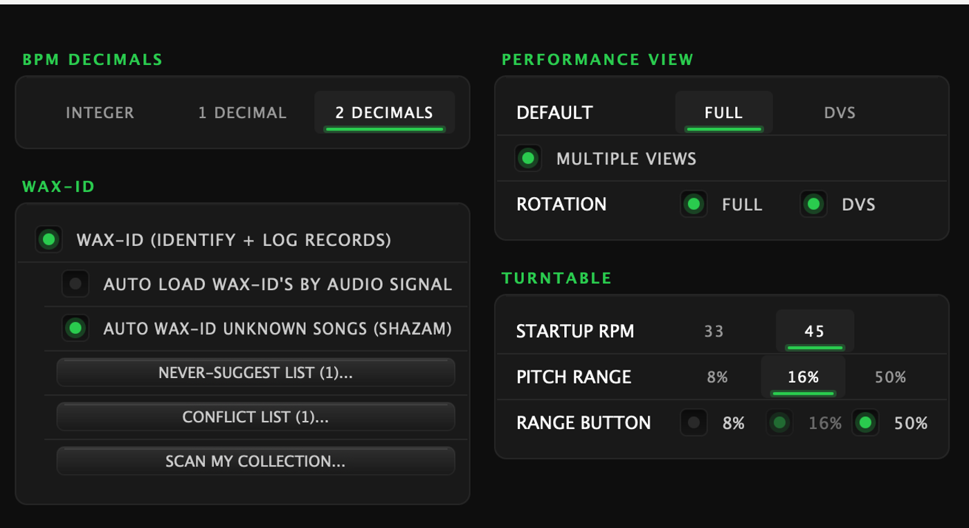 The Customize page's right columns: BPM Decimals set to 2 decimals; the Wax-ID card with its master switch, auto-load and auto-identify sub-switches and the never-suggest, conflict and scan buttons; Performance View with its Default, Multiple Views and Rotation rows; and Turntable with Startup RPM, Pitch range and Range button