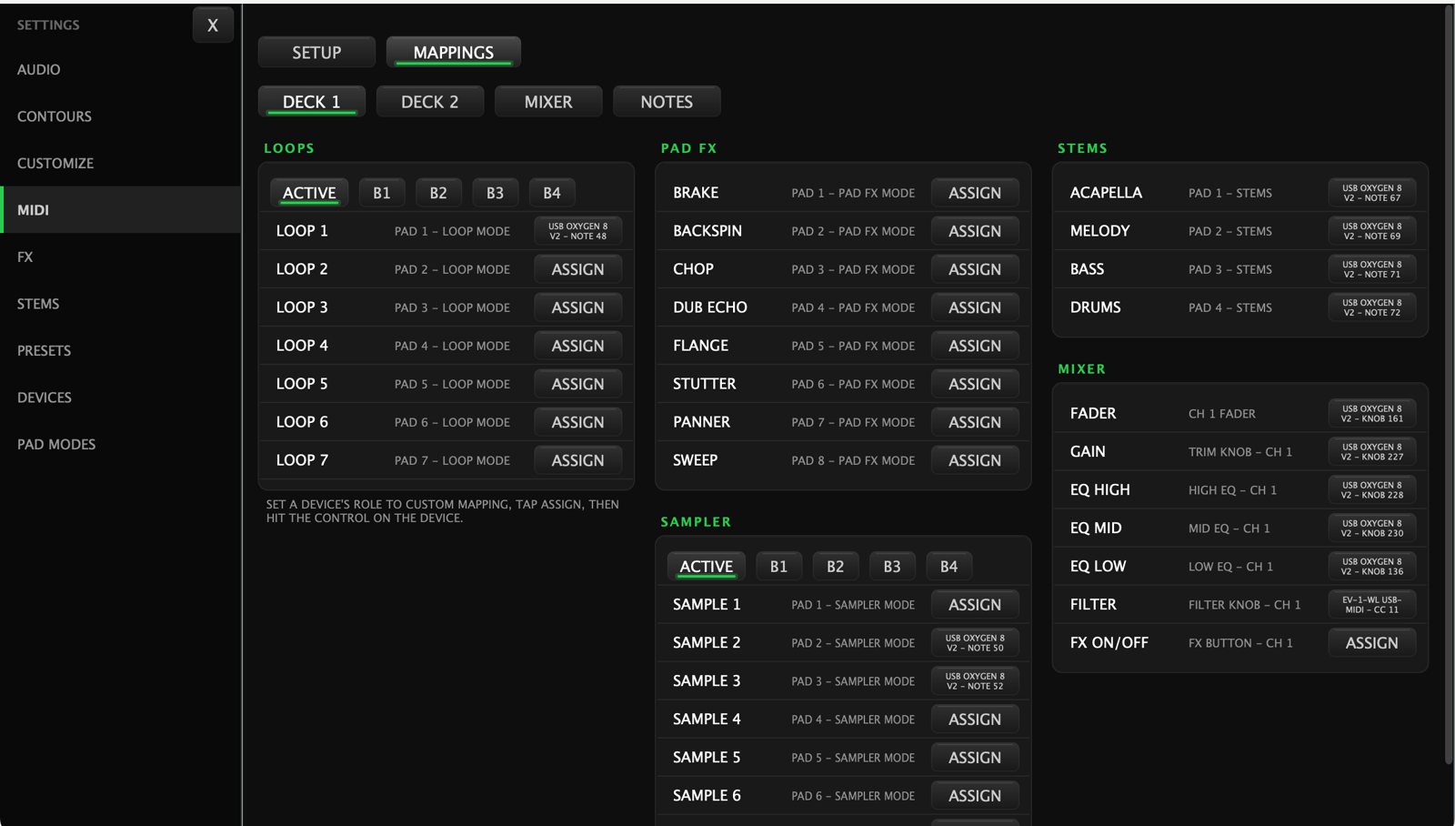 The MIDI mappings tab with the Deck 1 sub-tab open: a Loops card with bank buttons and seven loop slots, a Pad FX card listing brake, backspin, chop, dub echo, flange, stutter, panner and sweep, a Sampler card with seven sample slots, a Stems card for acapella, melody, bass and drums, and a Mixer card for fader, gain, the three EQ bands, filter and FX on/off -- each row showing either an Assign button or the control already mapped to it