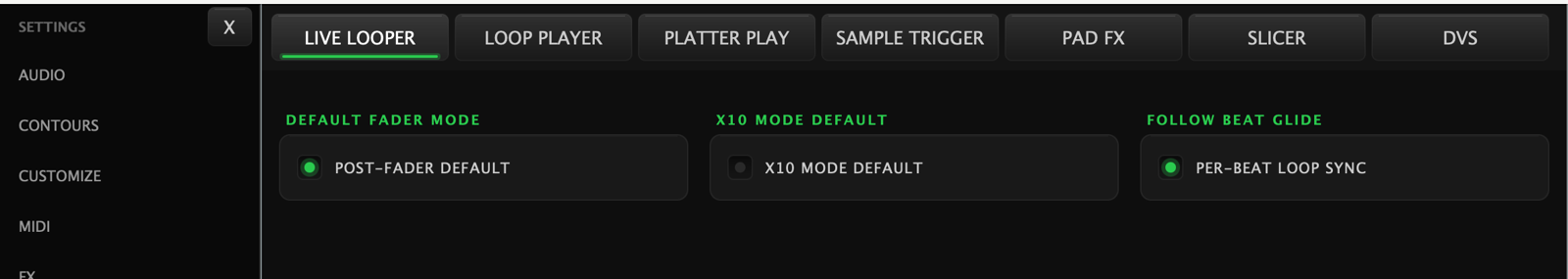 The Live Looper settings sub-page, reached from the Pad Modes row of the settings sidebar: Default Fader Mode with Post-Fader Default, X10 Mode Default, and Follow Beat Glide with Per-Beat Loop Sync