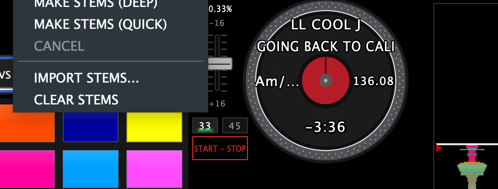 The STEMS chip's menu open under deck 1's button bar: MAKE STEMS (DEEP), MAKE STEMS (QUICK), a greyed CANCEL, then IMPORT STEMS... and CLEAR STEMS