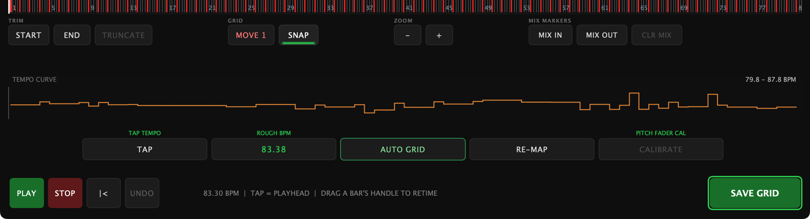 The lower half of the TEMPO MAP: TRIM with START, END and TRUNCATE; GRID with MOVE 1 and SNAP; ZOOM minus and plus; MIX MARKERS with MIX IN, MIX OUT and CLR MIX; the TEMPO CURVE lane; TAP, ROUGH BPM, AUTO GRID, RE-MAP and CALIBRATE; and PLAY, STOP, back-to-the-1, UNDO and SAVE GRID